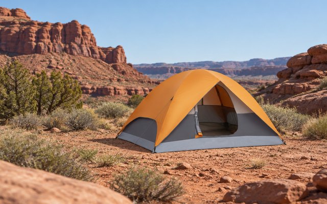 Amazon Basics 2-person dome tent, in a desert campground among red rocks under a clear sky