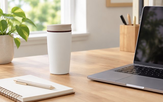 Owala SmoothSip tumbler, on a home office desk beside a notebook