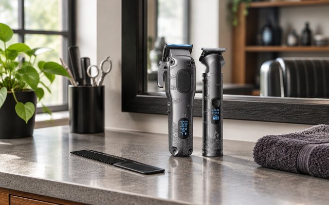 A cordless hair clipper and matching trimmer standing on a barbershop-style counter with a comb and a folded towel