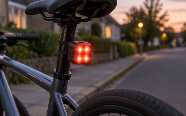 Akale Rechargeable Bike Light Set, bike light mounted on a bicycle parked on a quiet residential street at dusk, light glowing softly