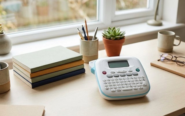 White desktop label maker with pale blue trim on a study desk beside notebooks and a succulent