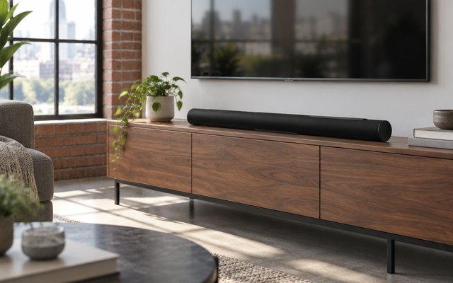 Sonos Arc Ultra Soundbar with Dolby Atmos, on a low media console under a TV in a loft apartment