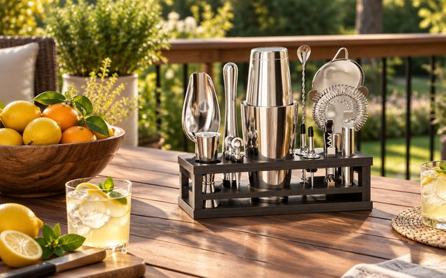 Bare Barrel 16-piece bartender kit, on an outdoor bar table on a backyard deck beside a bowl of lemons and oranges, late afternoon sun
