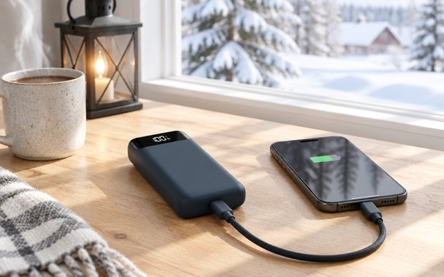 Power bank charging a phone on a kitchen table on a snowy winter morning