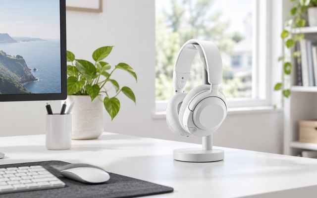SteelSeries Arctis Nova 5P headset, on a headphone stand on a white desk in a bright home office