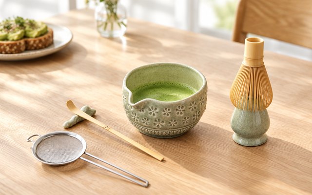 A green flower-patterned matcha bowl with a pouring lip, bamboo whisk, scoop and sifter on a sunny wooden table
