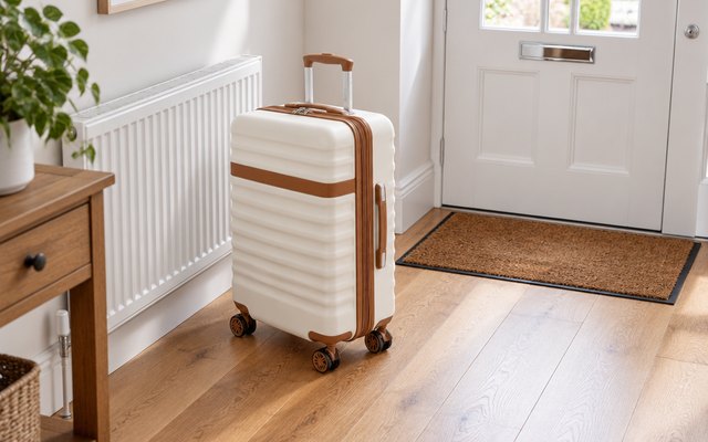 Kono 28in suitcase, standing in a bright hallway by the front door