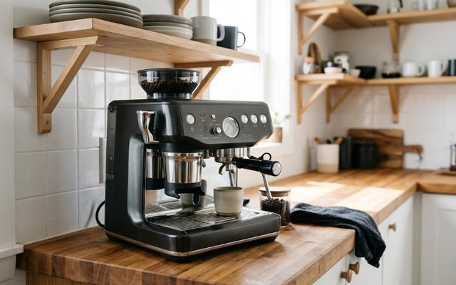 Black stainless espresso machine with a bean hopper on a butcher-block counter under open kitchen shelves