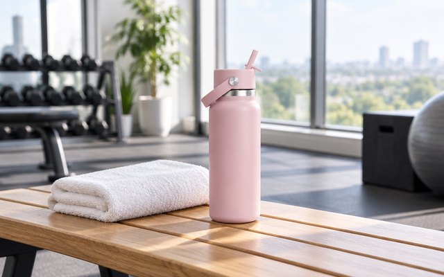 Pink Hydro Flask wide-mouth bottle with a flip-up straw cap on a wooden gym bench beside a folded white towel