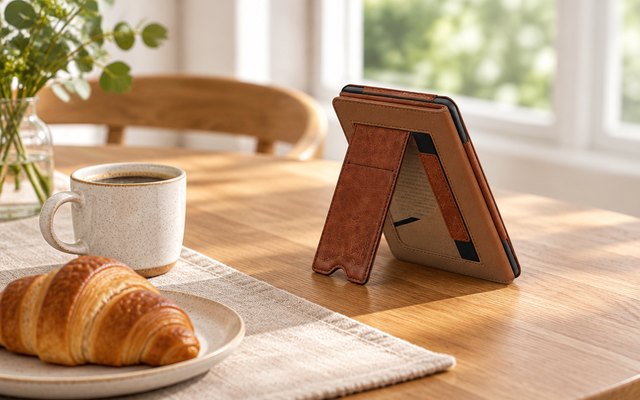 Fintie stand case propped up on a breakfast table