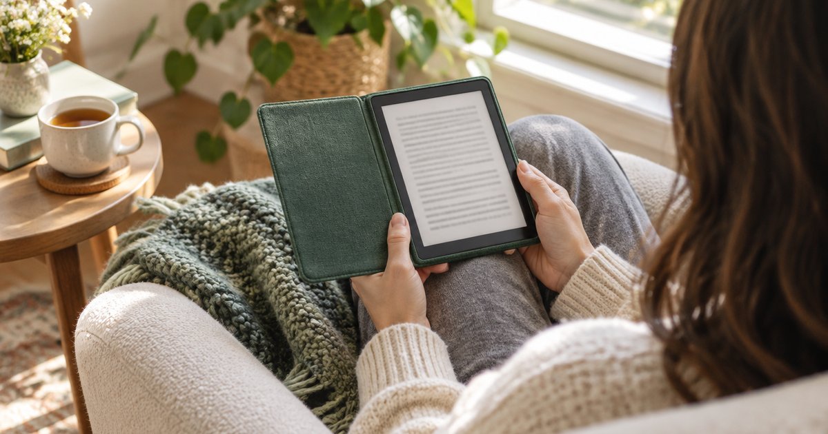Someone reading an e-reader in a green fabric folio case in a cream armchair by a sunny window