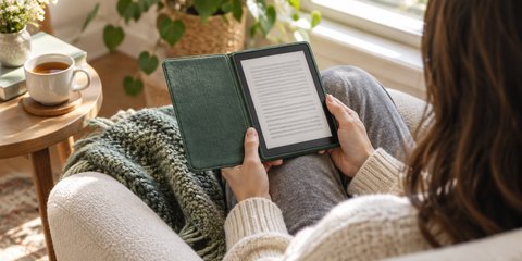 Someone reading an e-reader in a green fabric folio case in a cream armchair by a sunny window