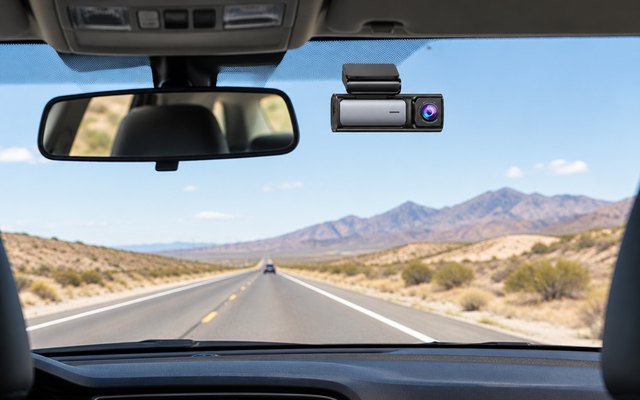Affver A4 dash cam, mounted on the inside of a car windshield beside the rear-view mirror, seen from the back seat, a desert highway stretching ahead