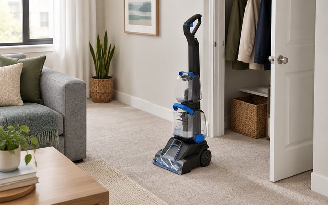 BISSELL TurboClean upright, in a small carpeted apartment living room next to an open hall closet