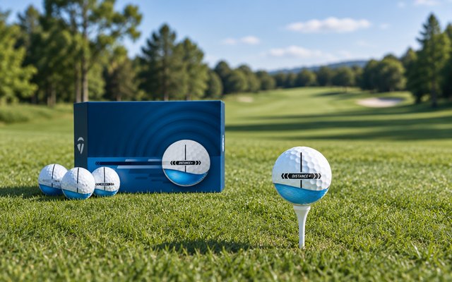 TaylorMade Distance+ golf balls, on a tee box at a sunny golf course, a fairway behind