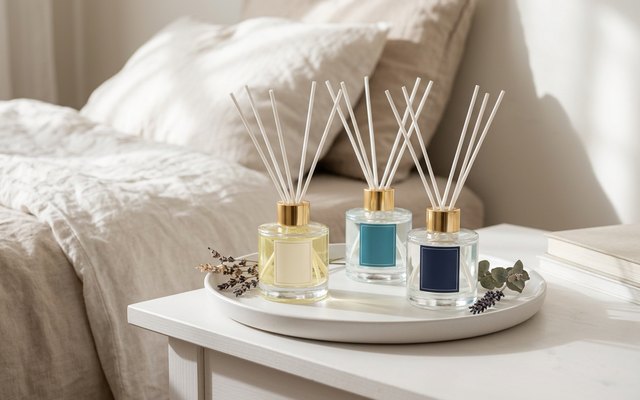 Three small reed diffusers with white reeds and cream, teal and navy labels, on a white tray on a bedside table