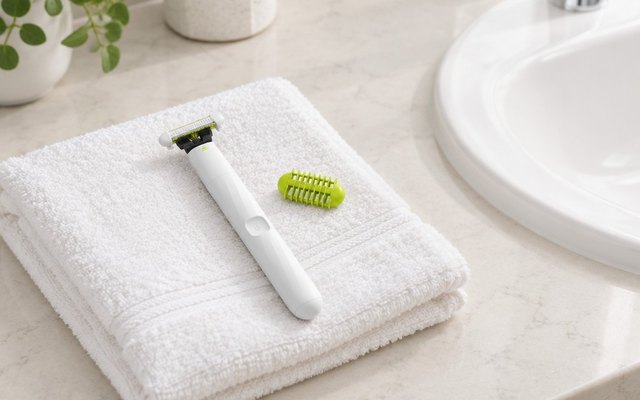 White slim trimmer with a lime blade on a folded towel by a bathroom sink
