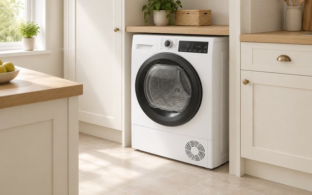 Hoover H-DRY 350 tumble dryer, in an alcove of a bright kitchen with cream shaker cabinets