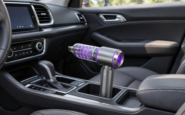Small cordless car vacuum in a car's centre console