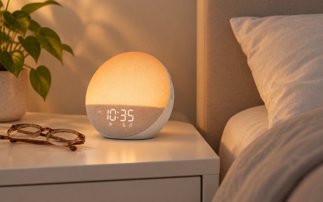 Odokee sunrise alarm clock, on a white bedside table in a calm bedroom beside a folded pair of reading glasses