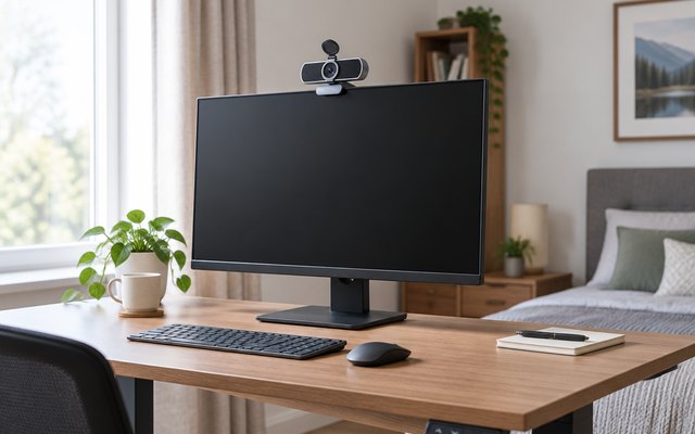 UGREEN 2K webcam, clipped to the top of a monitor on a standing desk in a bedroom office