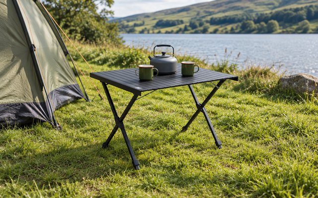 Roll-up camping table, on the grass beside a tent at a British campsite, a kettle and mugs on top