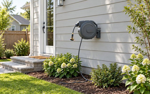 Giraffe Tools retractable hose reel, mounted on the clapboard siding of a house near the back door, above a mulched flower bed
