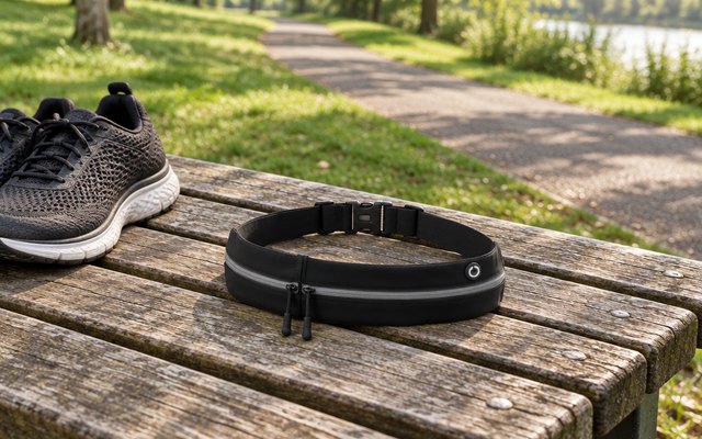 PORTENTUM running belt, laid on a park bench beside a pair of trainers