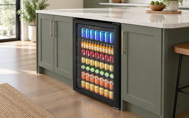Electactic beverage refrigerator, built in neatly under the countertop of a kitchen island, the cabinet doors on either side