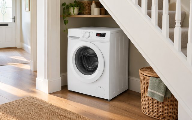 COMFEE' washing machine, in a neat alcove under the stairs of a British terraced house