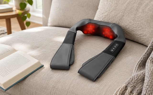 Nekteck shiatsu neck massager, lying on a sofa cushion beside an open book