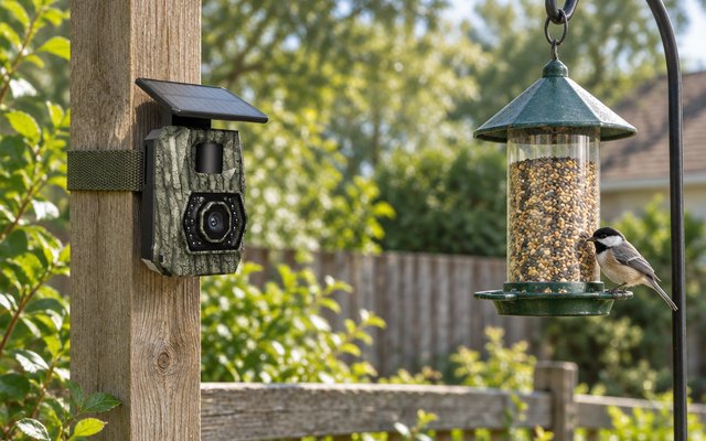 MAXDONE solar trail camera, strapped to a wooden fence post in a backyard, facing a bird feeder