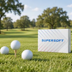 Callaway Supersoft golf balls, three of the balls on the short grass of a British parkland golf course, one sitting on a wooden tee, oak trees in the distance