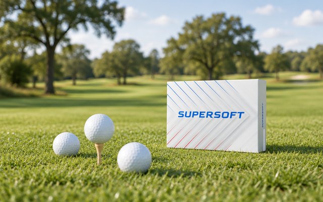 Callaway Supersoft golf balls, three of the balls on the short grass of a British parkland golf course, one sitting on a wooden tee, oak trees in the distance