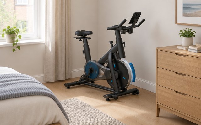 MERACH S26B2 exercise bike, in the corner of a small apartment bedroom beside a dresser