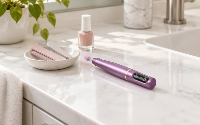 Cordless nail drill, on a white bathroom vanity beside a small dish of nail files and a bottle of nail polish