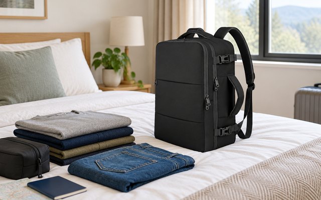 Taygeer cabin backpack, standing on a bed beside folded clothes, packed for a trip