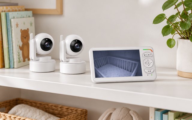 Blemil baby monitor with two cameras, on a white nursery bookshelf beside picture books and a small potted plant