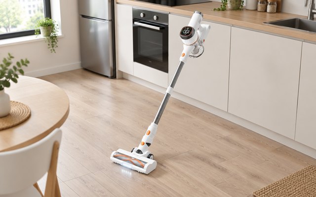 Tikom V500 stick vacuum, in a small, tidy studio apartment kitchen on vinyl plank flooring