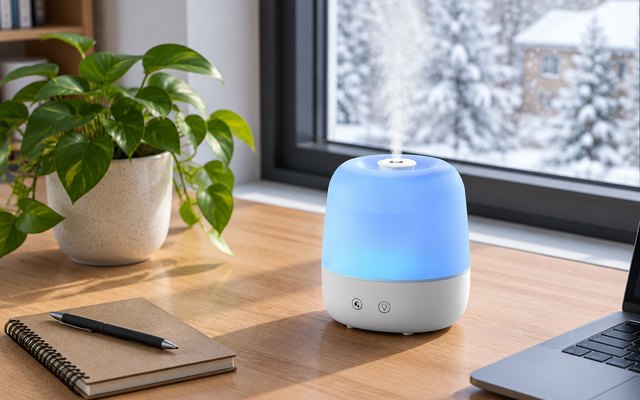 Small humidifier misting on a home-office desk