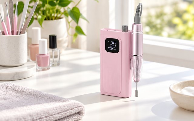 Clip-on cordless nail drill, on a white desk by a sunny window at a home nail station with a manicure towel and polish bottles