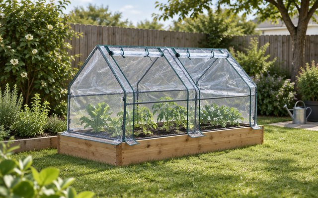 Long low portable greenhouse, set over a raised garden bed in a backyard, vegetable seedlings inside