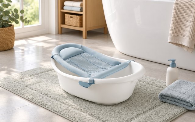 Skip Hop Wave 4-in-1 Bath Tub, on a soft bath mat on a bathroom floor beside a freestanding tub, a bottle of baby wash and a folded towel nearby