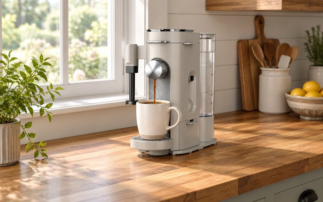 Ninja Pods & Grounds coffee maker, on a butcher-block counter by a window in a farmhouse kitchen, a full mug under the spout
