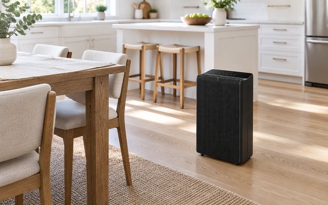 Winix 5510 air purifier, on the floor beside the dining table of a bright open-plan American kitchen and dining area