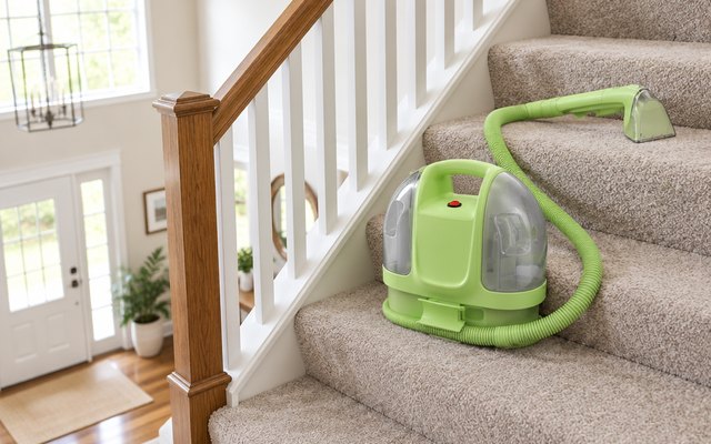 BISSELL Little Green Mini, sitting on carpeted stairs in a bright two-storey foyer, its hose and tool resting on the step above