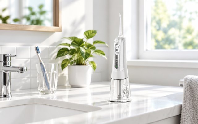 A white cordless water flosser on a bathroom counter