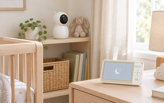 Pan-and-tilt baby camera on a pale wooden nursery shelf by a crib, its parent screen on a bedside table nearby