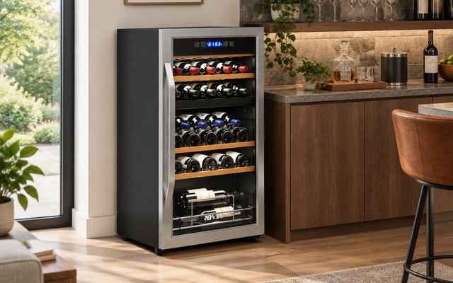 ROVSUN 33-Bottle Dual-Zone Wine Cooler, tall dual-zone wine fridge with a glass door in a home bar area, red and white wine bottles on wooden shelves inside