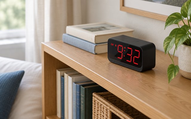 Battery-operated digital alarm clock, on a bookshelf in a cozy guest room, its display showing the time